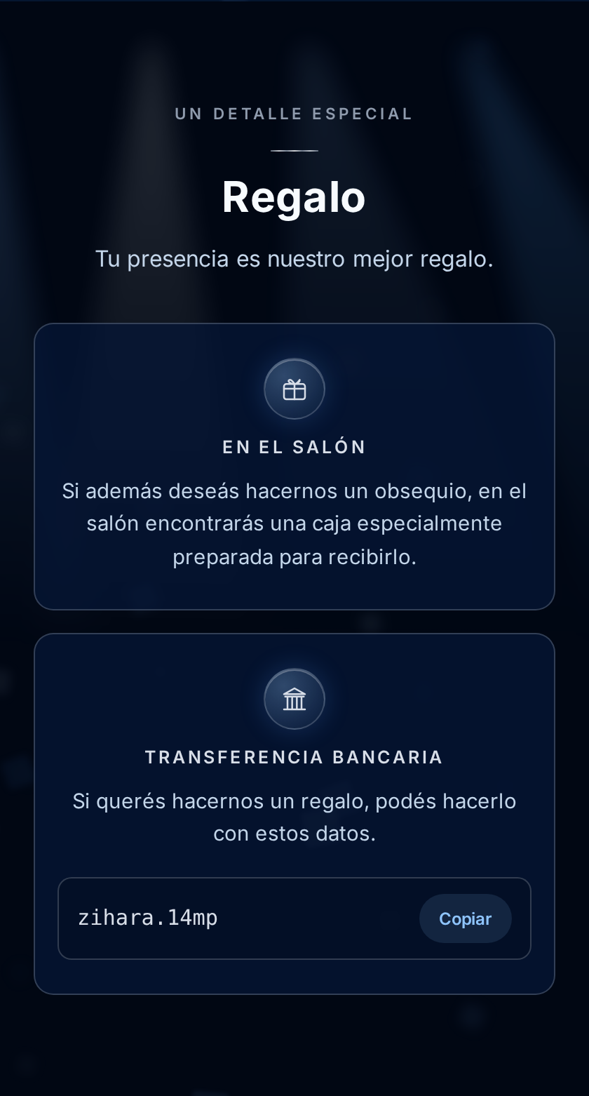 Pantalla de regalos con alias y datos de transferencia