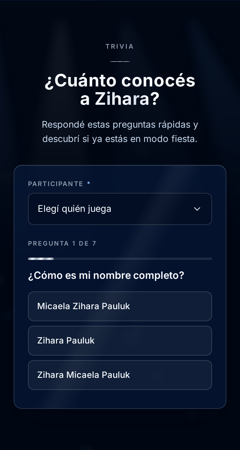Pantalla de trivia sobre la agasajada